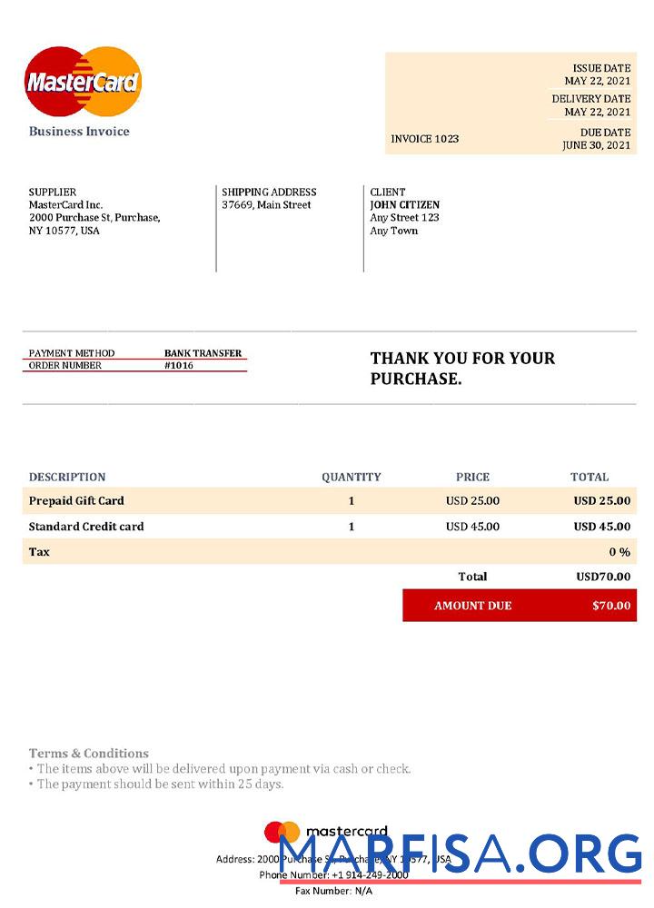 Blank USA MasterCard invoice template